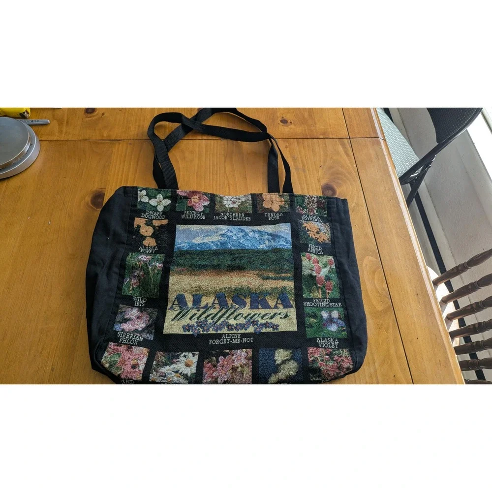 Alaska Wildflowers Woven Tapestry Tote Bag Black Floral Botanical Souvenir Large